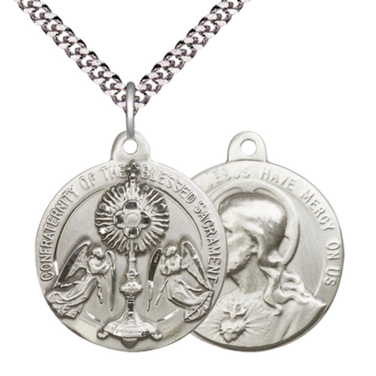 .925 Sterling Silver Blessed Sacrment Sacred Heart of Jesus Medal Pendant on 24 Inch Endless Rhodium Plated Heavy Curb Chain - Catholic Religious Necklace Made in USA, Deluxe Velvet Gift Boxed