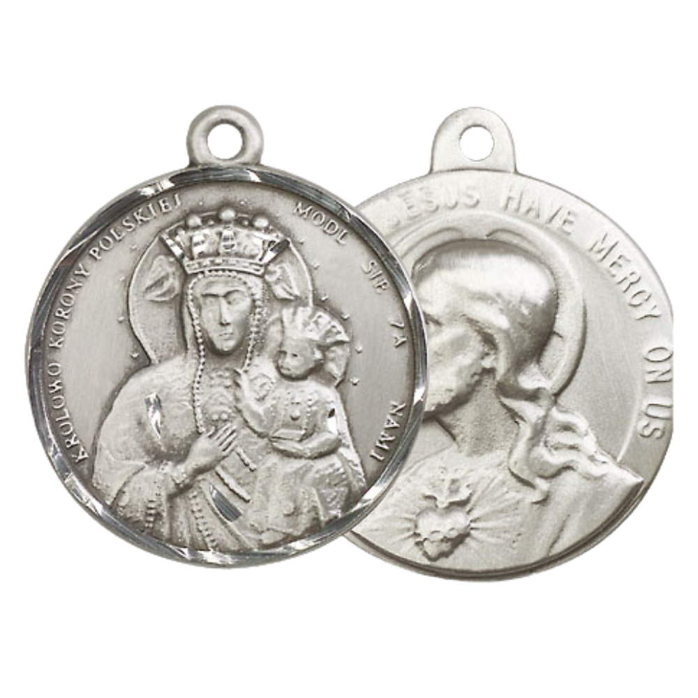 .925 Sterling Silver Our Lady of Czestochowa Sacred Heart of Jesus Medal Pendant on 24 Inch Endless Rhodium Plated Heavy Curb Chain - Catholic Religious Necklace Made in USA, Velvet Gift Boxed