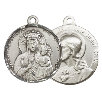 .925 Sterling Silver Our Lady of Czestochowa Sacred Heart of Jesus Medal Pendant on 24 Inch Endless Rhodium Plated Heavy Curb Chain - Catholic Religious Necklace Made in USA, Velvet Gift Boxed