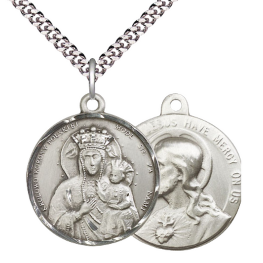 .925 Sterling Silver Our Lady of Czestochowa Sacred Heart of Jesus Medal Pendant on 24 Inch Endless Rhodium Plated Heavy Curb Chain - Catholic Religious Necklace Made in USA, Velvet Gift Boxed