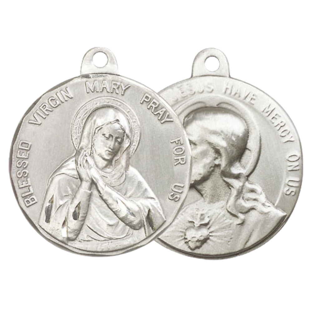 .925 Sterling Silver Blessed Virgin Sacred Heart of Jesus Medal Pendant on 24 Inch Endless Rhodium Plated Heavy Curb Chain - Catholic Religious Necklace Made in USA, Deluxe Velvet Gift Box