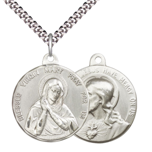 .925 Sterling Silver Blessed Virgin Sacred Heart of Jesus Medal Pendant on 24 Inch Endless Rhodium Plated Heavy Curb Chain - Catholic Religious Necklace Made in USA, Deluxe Velvet Gift Box