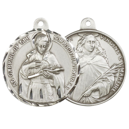 .925 Sterling Silver Saint St. Gabriel of the Blessed Virgin Saint St. Lucia Medal Pendant on 24 InchEndless Rhodium Plated Heavy Curb Chain - Catholic Religious Necklace Made in USA, Velvet Gift Boxed