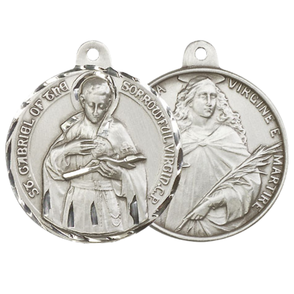 .925 Sterling Silver Saint St. Gabriel of the Blessed Virgin Saint St. Lucia Medal Pendant on 24 InchEndless Rhodium Plated Heavy Curb Chain - Catholic Religious Necklace Made in USA, Velvet Gift Boxed