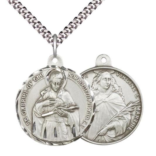 .925 Sterling Silver Saint St. Gabriel of the Blessed Virgin Saint St. Lucia Medal Pendant on 24 InchEndless Rhodium Plated Heavy Curb Chain - Catholic Religious Necklace Made in USA, Velvet Gift Boxed
