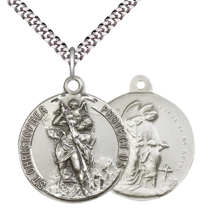 .925 Sterling Silver Saint St. Christopher Guardian Angel Medal Pendant on 24 Inch Endless Rhodium Plated Heavy Curb Chain - Catholic Religious Necklace Made in USA, Deluxe Velvet Gift Box