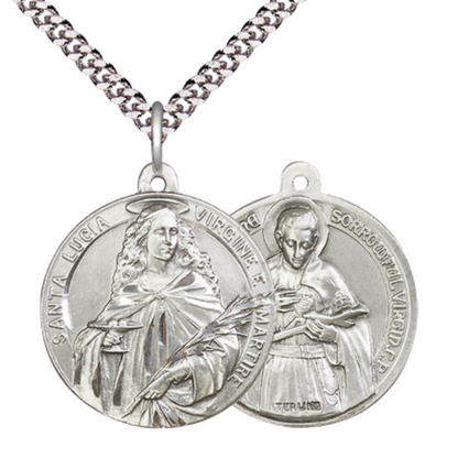 .925 Sterling Silver Saint St. Lucia Gabriel of the Blessed Virgin Medal Pendant on 24 Inch Endless Rhodium Plated Heavy Curb Chain- Catholic Religious Necklace Made in USA, Deluxe Velvet Gift Box