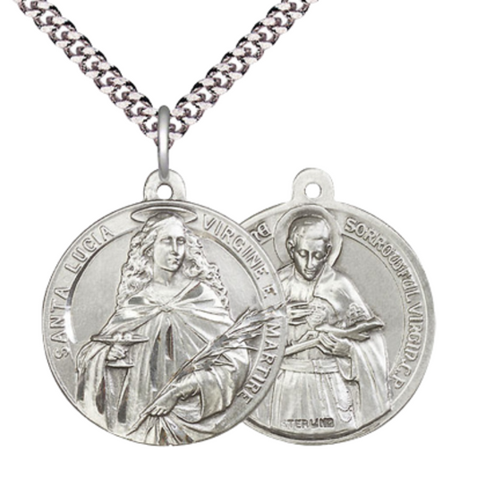 .925 Sterling Silver Saint St. Lucia Gabriel of the Blessed Virgin Medal Pendant on 24 Inch Endless Rhodium Plated Heavy Curb Chain- Catholic Religious Necklace Made in USA, Deluxe Velvet Gift Box