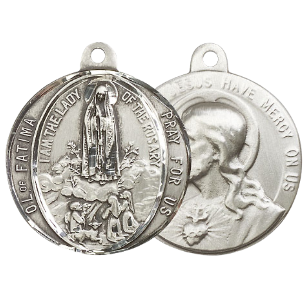 .925 Sterling Silver Our Lady of Fatima Sacred Heart of Jesus Medal Pendant on 24 Inch Endless Rhodium Plated Heavy Curb Chain - Catholic Religious Necklace Made in USA, Deluxe Velvet Gift Box