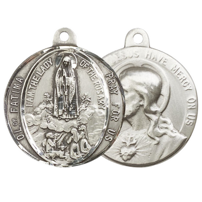 .925 Sterling Silver Our Lady of Fatima Sacred Heart of Jesus Medal Pendant on 24 Inch Endless Rhodium Plated Heavy Curb Chain - Catholic Religious Necklace Made in USA, Deluxe Velvet Gift Box