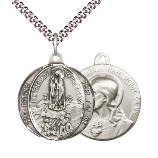 .925 Sterling Silver Our Lady of Fatima Sacred Heart of Jesus Medal Pendant on 24 Inch Endless Rhodium Plated Heavy Curb Chain - Catholic Religious Necklace Made in USA, Deluxe Velvet Gift Box