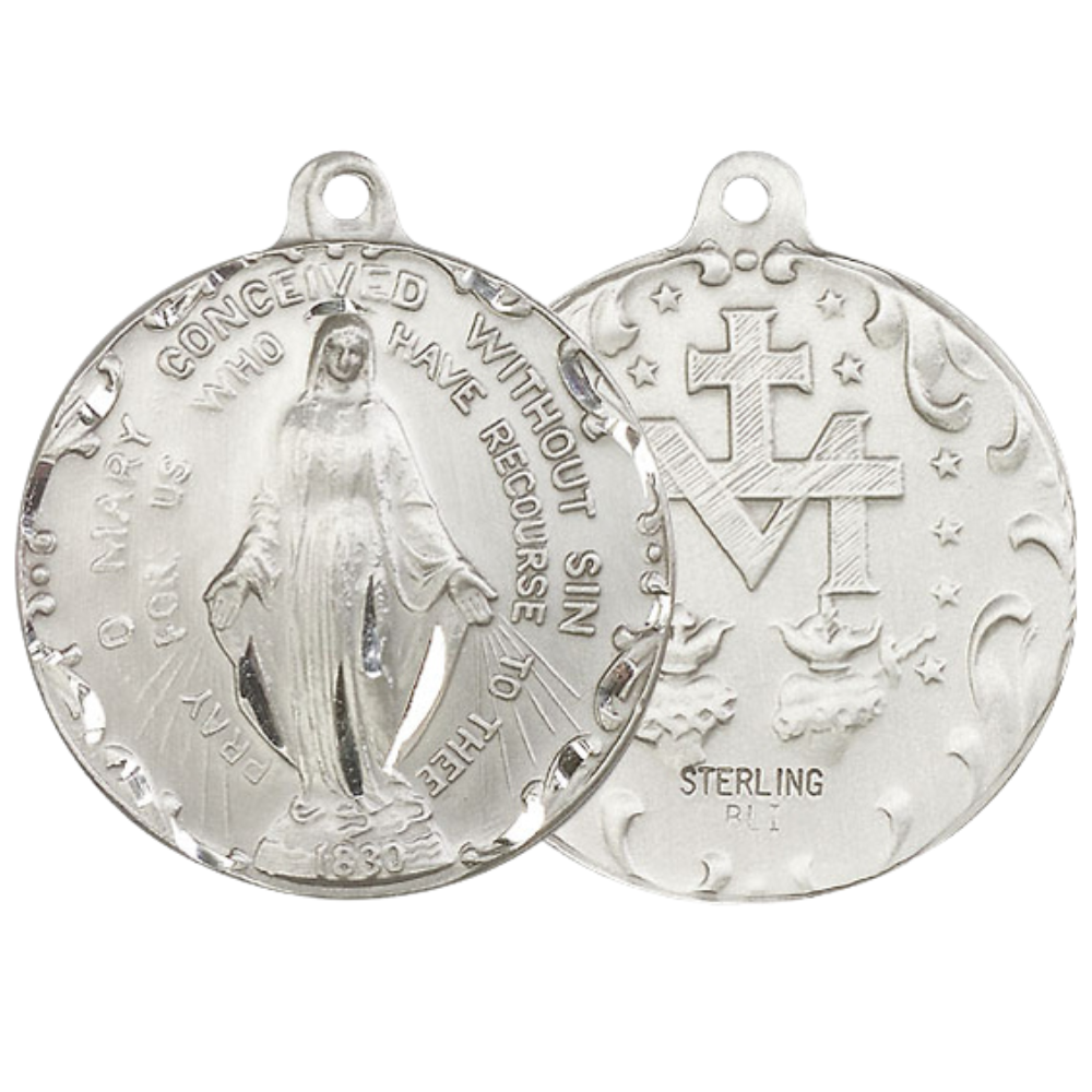 .925 Sterling Silver Immaculate Conception Large Medal Pendant on 24 Inch Endless Rhodium Plated Heavy Curb Brass Chain, Catholic Religious Necklace - Made in USA- Deluxe Velvet Gift Box