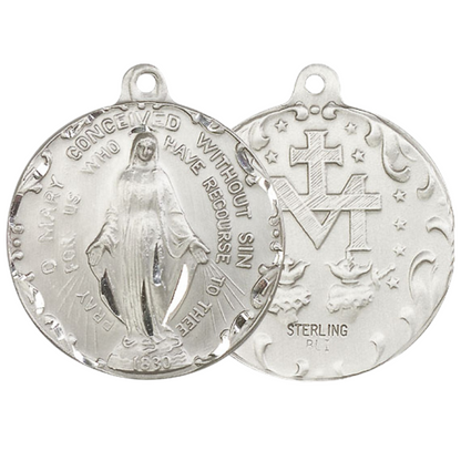 .925 Sterling Silver Immaculate Conception Large Medal Pendant on 24 Inch Endless Rhodium Plated Heavy Curb Brass Chain, Catholic Religious Necklace - Made in USA- Deluxe Velvet Gift Box