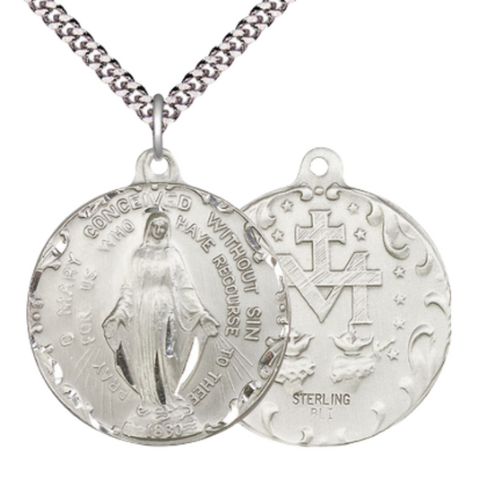 .925 Sterling Silver Immaculate Conception Large Medal Pendant on 24 Inch Endless Rhodium Plated Heavy Curb Brass Chain, Catholic Religious Necklace - Made in USA- Deluxe Velvet Gift Box