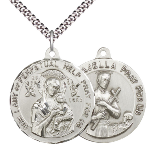 .925 Sterling Silver Our Lady Perpetual Help Saint St. Gerard Medal Pendant on 24 Inch Endless Rhodium Plated Heavy Curb Chain - Catholic Religious Necklace Made in USA, Deluxe Velvet Gift Box