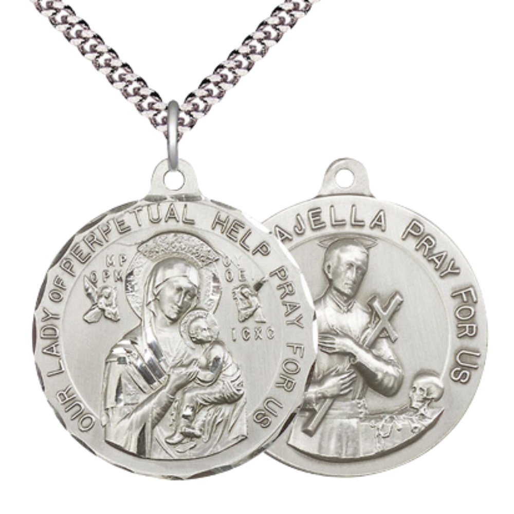 .925 Sterling Silver Our Lady Perpetual Help Saint St. Gerard Medal Pendant on 24 Inch Endless Rhodium Plated Heavy Curb Chain - Catholic Religious Necklace Made in USA, Deluxe Velvet Gift Box