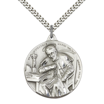 .925 Sterling Silver Saint St. Alphonsus Our Lady Perpetual Help Medal Pendant on 24 Inch Endless Rhodium Plated Heavy Curb Chain - Catholic Religious Necklace Made in USA, Deluxe Velvet Gift Box