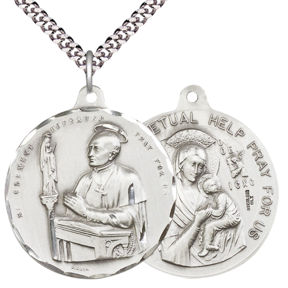 .925 Sterling Silver Saint St. Clement Hofbauer Our Lady Perpetual Help Medal Pendant on 24 Inch Endless Rhodium Plated Heavy Curb Chain - Catholic Religious Necklace Made in USA, Deluxe Velvet Gift Box