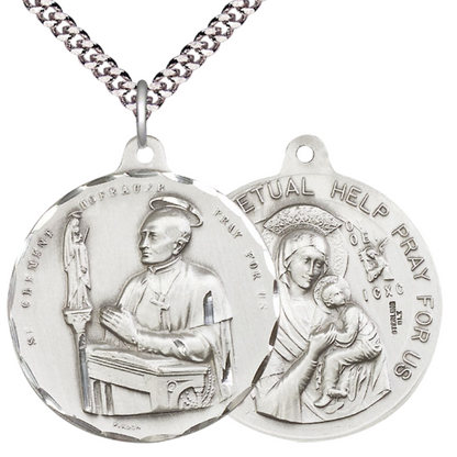 .925 Sterling Silver Saint St. Clement Hofbauer Our Lady Perpetual Help Medal Pendant on 24 Inch Endless Rhodium Plated Heavy Curb Chain - Catholic Religious Necklace Made in USA, Deluxe Velvet Gift Box