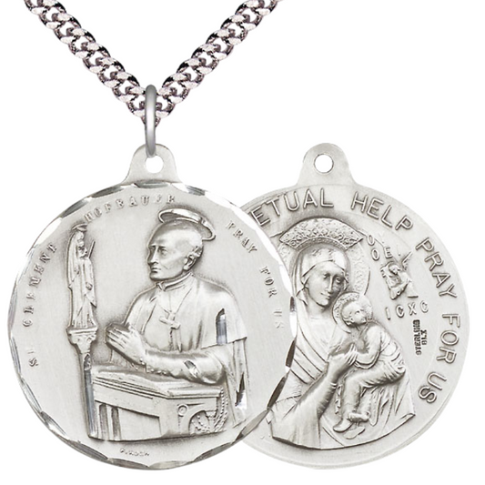.925 Sterling Silver Saint St. Clement Hofbauer Our Lady Perpetual Help Medal Pendant on 24 Inch Endless Rhodium Plated Heavy Curb Chain - Catholic Religious Necklace Made in USA, Deluxe Velvet Gift Box