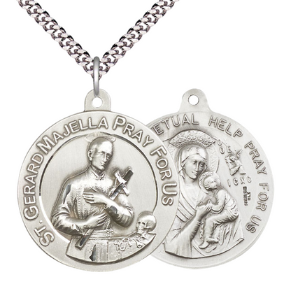 .925 Sterling Silver Saint St. Gerard Our Lady Perpetual Help Medal Pendant on 24 Inch Endless Rhodium Plated Heavy Curb Chain - Catholic Religious Necklace Made in USA, Deluxe Velvet Gift Box