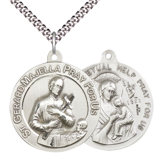 .925 Sterling Silver Saint St. Gerard Our Lady Perpetual Help Medal Pendant on 24 Inch Endless Rhodium Plated Heavy Curb Chain - Catholic Religious Necklace Made in USA, Deluxe Velvet Gift Box