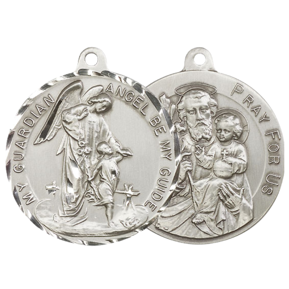 .925 Sterling Silver Guardian Angel Saint St. Joseph Medal Pendant on 24 Inch Endless Rhodium Plated Heavy Curb Chain - Catholic Religious Necklace Made in USA, Deluxe Velvet Gift Box