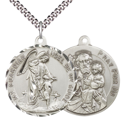 .925 Sterling Silver Guardian Angel Saint St. Joseph Medal Pendant on 24 Inch Endless Rhodium Plated Heavy Curb Chain - Catholic Religious Necklace Made in USA, Deluxe Velvet Gift Box
