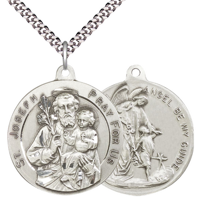 .925 Sterling Silver Saint St. Joseph Guardian Angel Medal Pendant on 24 Inch Endless Rhodium Plated Heavy Curb Chain - Catholic Religious Necklace Made in USA, Deluxe Velvet Gift Box