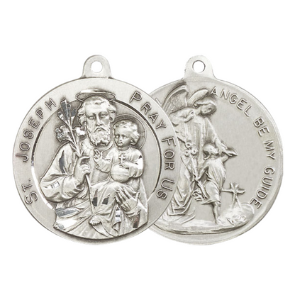 .925 Sterling Silver Saint St. Joseph Guardian Angel Medal Pendant on 24 Inch Endless Rhodium Plated Heavy Curb Chain - Catholic Religious Necklace Made in USA, Deluxe Velvet Gift Box