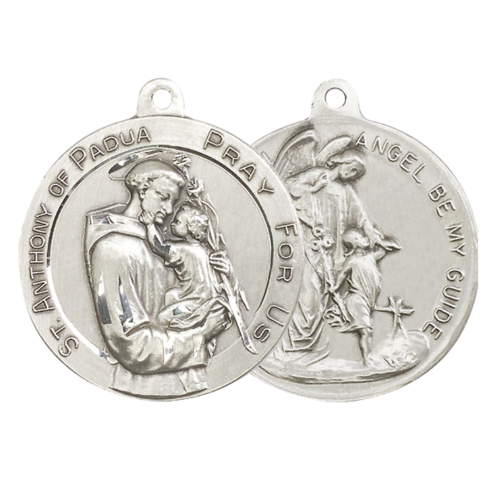 .925 Sterling Silver Saint St. Anthony Guardian Angel Medal Pendant on 24 Inch Endless Rhodium Plated Heavy Curb Chain - Catholic Religious Necklace Made in USA, Deluxe Velvet Gift Box