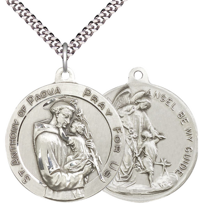 .925 Sterling Silver Saint St. Anthony Guardian Angel Medal Pendant on 24 Inch Endless Rhodium Plated Heavy Curb Chain - Catholic Religious Necklace Made in USA, Deluxe Velvet Gift Box