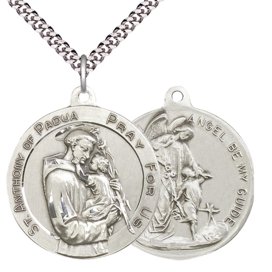 .925 Sterling Silver Saint St. Anthony Guardian Angel Medal Pendant on 24 Inch Endless Rhodium Plated Heavy Curb Chain - Catholic Religious Necklace Made in USA, Deluxe Velvet Gift Box