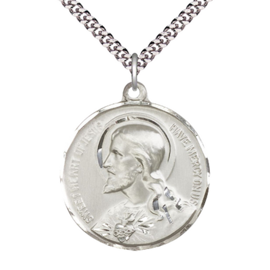 .925 Sterling Silver Sacred Heart of Jesus Medal Pendant on 24 Inch Endless Rhodium Plated Heavy Curb Chain - Catholic Religious Necklace Made in USA, Deluxe Velvet Gift Box Included