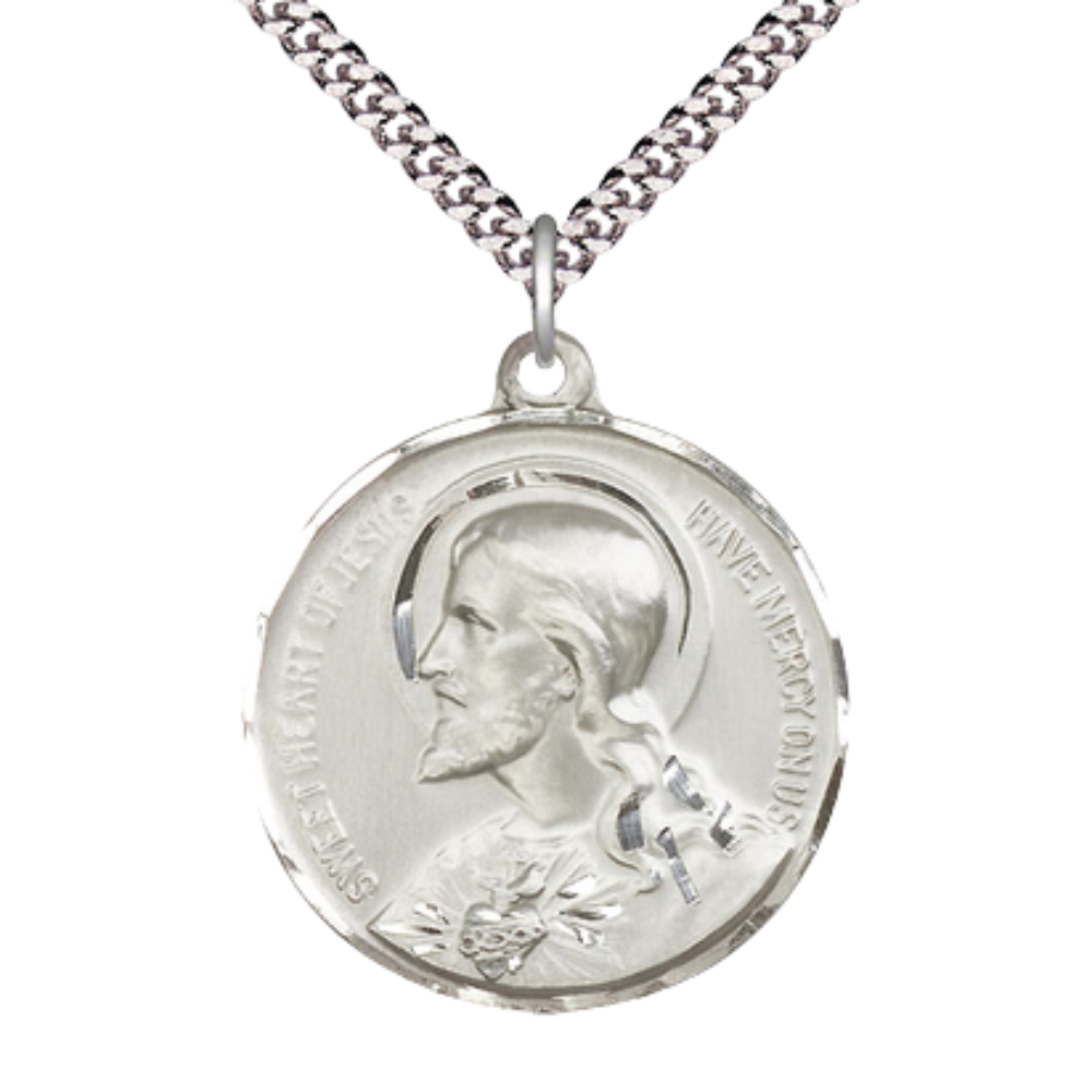 .925 Sterling Silver Sacred Heart of Jesus Medal Pendant on 24 Inch Endless Rhodium Plated Heavy Curb Chain - Catholic Religious Necklace Made in USA, Deluxe Velvet Gift Box Included