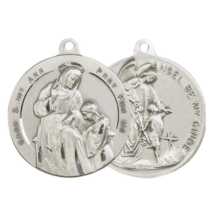 .925 Sterling Silver Saint St. Ann Guardian Angel Medal Pendant on 24 Inch Endless Rhodium Plated Heavy Curb Chain - Catholic Religious Necklace Made in USA, Deluxe Velvet Gift Box