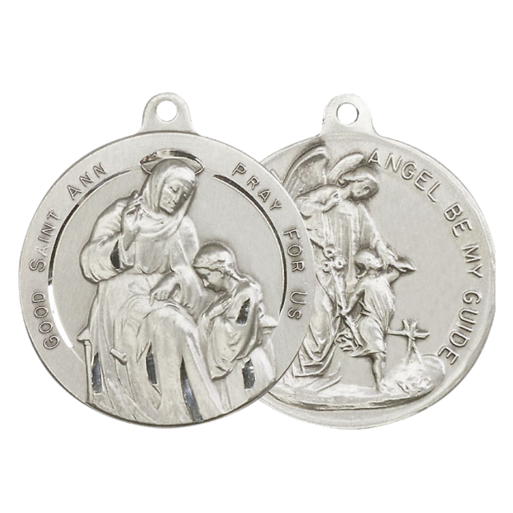 .925 Sterling Silver Saint St. Ann Guardian Angel Medal Pendant on 24 Inch Endless Rhodium Plated Heavy Curb Chain - Catholic Religious Necklace Made in USA, Deluxe Velvet Gift Box