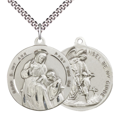 .925 Sterling Silver Saint St. Ann Guardian Angel Medal Pendant on 24 Inch Endless Rhodium Plated Heavy Curb Chain - Catholic Religious Necklace Made in USA, Deluxe Velvet Gift Box