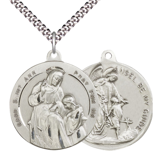 .925 Sterling Silver Saint St. Ann Guardian Angel Medal Pendant on 24 Inch Endless Rhodium Plated Heavy Curb Chain - Catholic Religious Necklace Made in USA, Deluxe Velvet Gift Box