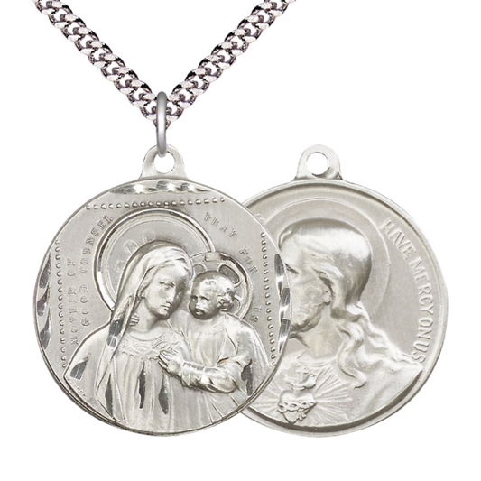 .925 Sterling Silver Our Lady of Good Counsel Sacred Heart of Jesus Medal Pendant on 24 Inch Endless Rhodium Plated Heavy Curb Chain- Catholic Religious Necklace Made in USA, Deluxe Velvet Gift Box