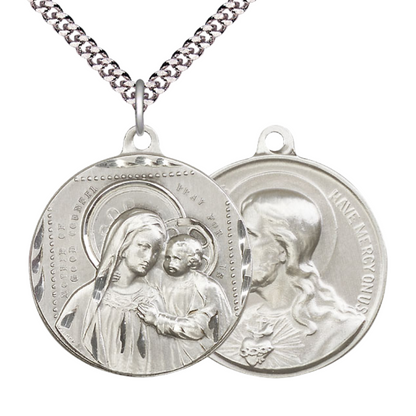 .925 Sterling Silver Our Lady of Good Counsel Sacred Heart of Jesus Medal Pendant on 24 Inch Endless Rhodium Plated Heavy Curb Chain- Catholic Religious Necklace Made in USA, Deluxe Velvet Gift Box