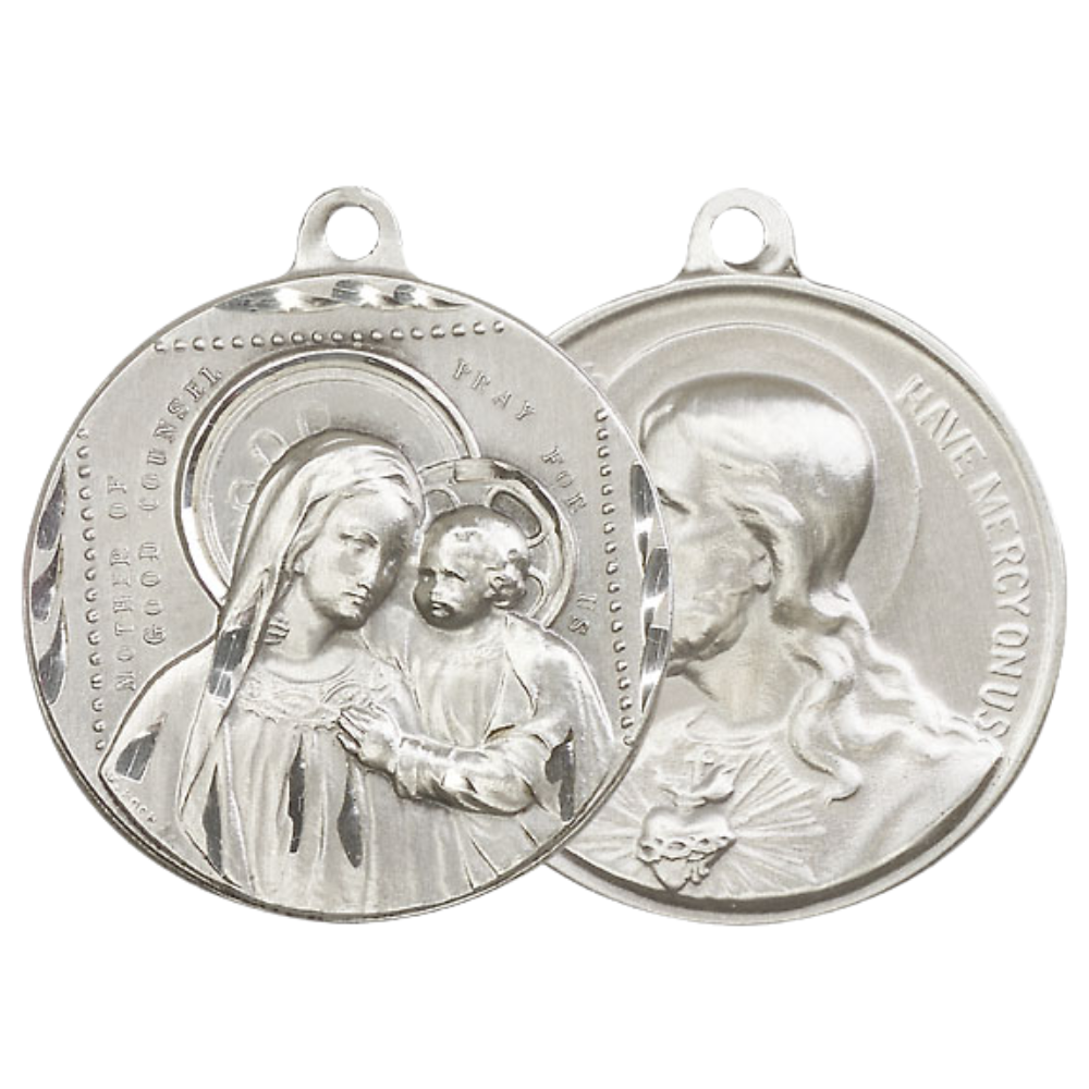 .925 Sterling Silver Our Lady of Good Counsel Sacred Heart of Jesus Medal Pendant on 24 Inch Endless Rhodium Plated Heavy Curb Chain- Catholic Religious Necklace Made in USA, Deluxe Velvet Gift Box