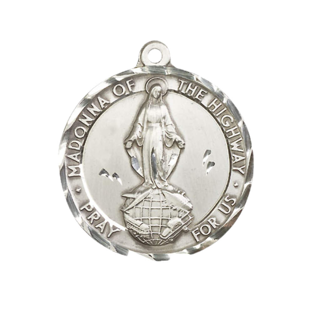 Everlasting Light Jewelry .925 Sterling Silver Madonna of the Highway Medal Pendant on 24 Inch Endless Rhodium Plated Heavy Curb Chain - Catholic Religious Necklace Made in USA, Deluxe Velvet Gift Box