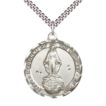 Everlasting Light Jewelry .925 Sterling Silver Madonna of the Highway Medal Pendant on 24 Inch Endless Rhodium Plated Heavy Curb Chain - Catholic Religious Necklace Made in USA, Deluxe Velvet Gift Box