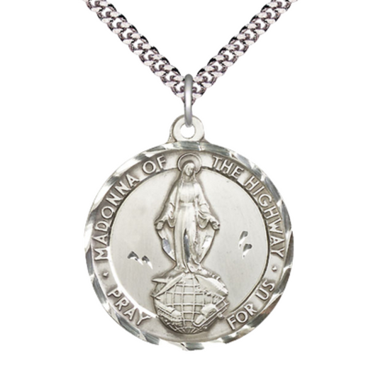 Everlasting Light Jewelry .925 Sterling Silver Madonna of the Highway Medal Pendant on 24 Inch Endless Rhodium Plated Heavy Curb Chain - Catholic Religious Necklace Made in USA, Deluxe Velvet Gift Box
