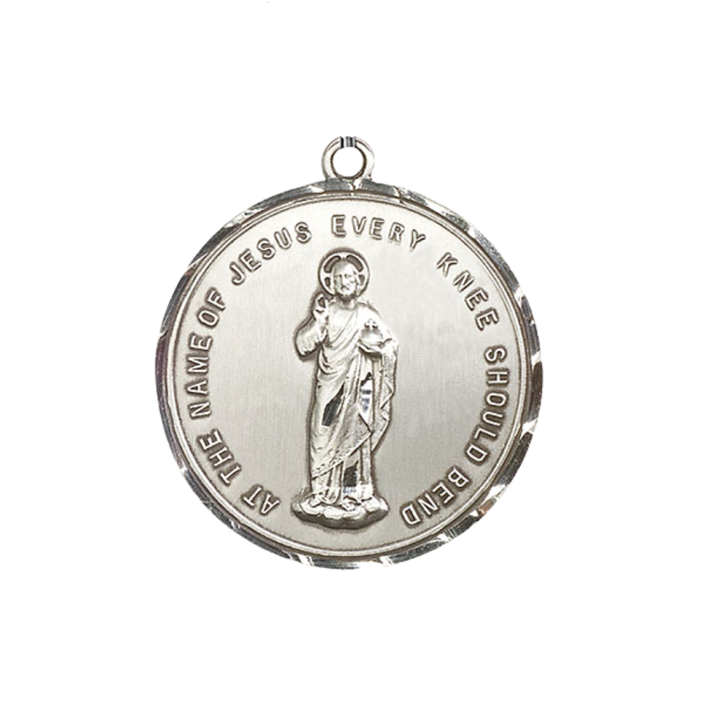 Everlasting Light Jewelry .925 Sterling Silver Holy Name Medal Pendant on 24 Inch Endless Rhodium Plated Heavy Curb Chain - Catholic Religious Necklace Made in USA, Deluxe Velvet Gift Box