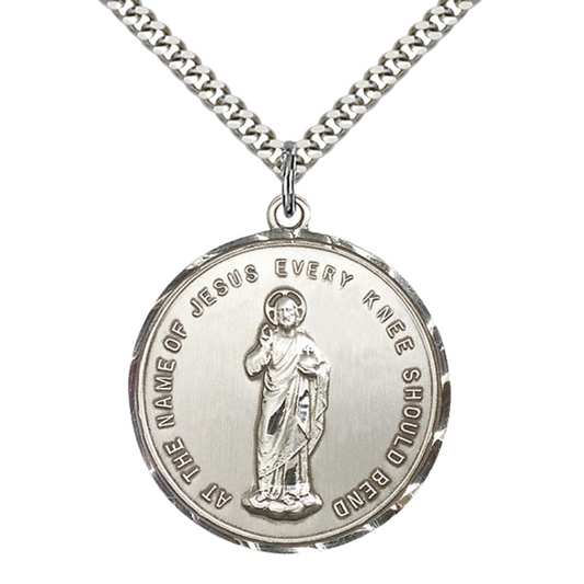Everlasting Light Jewelry .925 Sterling Silver Holy Name Medal Pendant on 24 Inch Endless Rhodium Plated Heavy Curb Chain - Catholic Religious Necklace Made in USA, Deluxe Velvet Gift Box