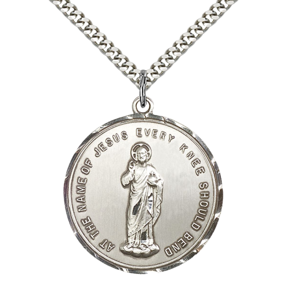 Everlasting Light Jewelry .925 Sterling Silver Holy Name Medal Pendant on 24 Inch Endless Rhodium Plated Heavy Curb Chain - Catholic Religious Necklace Made in USA, Deluxe Velvet Gift Box