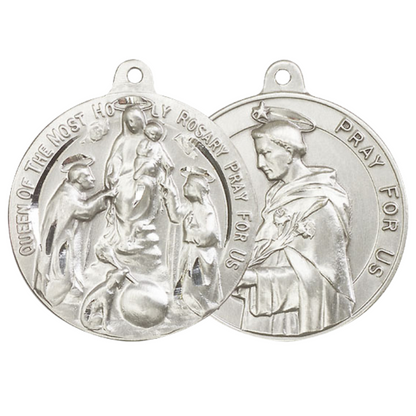 .925 Sterling Silver Holy Rosary Saint St. Dominic Medal Pendant on 24 Inch Endless Rhodium Plated Heavy Curb Chain - Catholic Religious Necklace Made in USA, Deluxe Velvet Gift Box