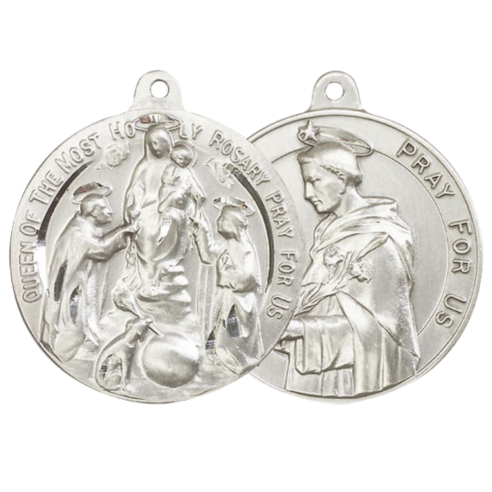 .925 Sterling Silver Holy Rosary Saint St. Dominic Medal Pendant on 24 Inch Endless Rhodium Plated Heavy Curb Chain - Catholic Religious Necklace Made in USA, Deluxe Velvet Gift Box